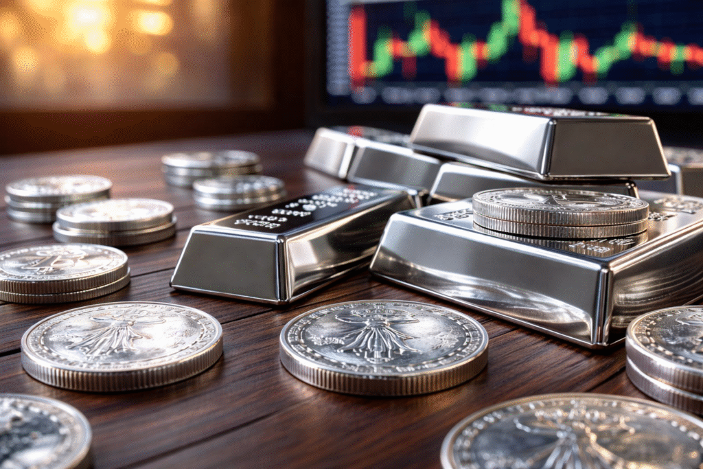 Silver coins and silver bars with a stock market chart in the background representing investor sentiment and outflows from silver ETFs.